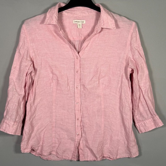 Coldwater Creek Size L 14 Pink 100% Linen Blouse Button Down 3/4 Sleeve Collar - Picture 1 of 6
